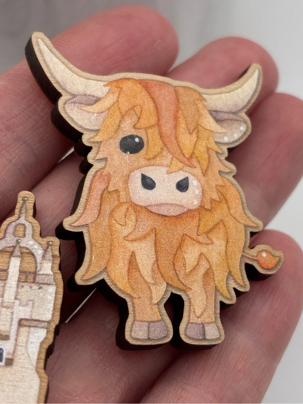 Set of 2 Laser-Cut Wooden Magnets - Scottish Highland Cow and a Castle